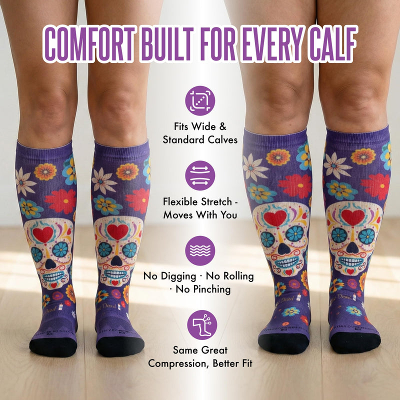 Crazy Compression Over-the-Calf Socks with Fun Designs Small-Medium Calavera Purple (Wide)