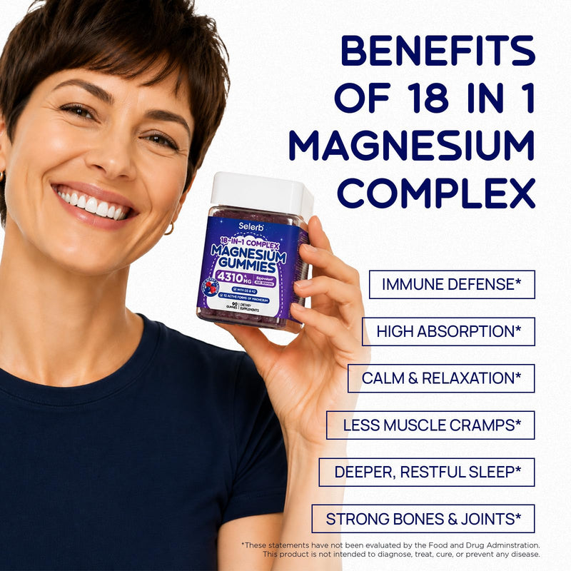 18 in 1 Magnesium Complex Gummies for Women and Men, 90 Gummies | 12 magnesium forms, High Absorption with Vitamin D3, K2, B6 & Zinc, Supports Sleep, Muscle, Bone & Nerve Health, Sugar Free 90 Count (Pack of 1)