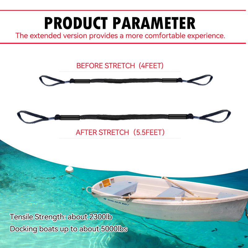Marine Bungee Dock Lines for Boat 4-Pack, Braided Rope with Loops, Boat Tie Down for Dock, (4ft Black)
