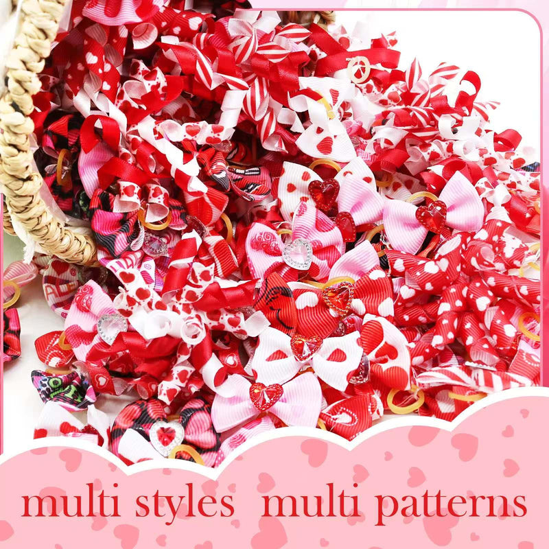 60Pcs Valentines Dog Bows with Rubber Bands Love Heart Dog Bowknot Hair Bows Red Pink PuppyTopknot Bows for Valentines Day Doggie Cat Bunny Yorkie Pet Hair Grooming Accessories Valentine's Day - BeesActive Australia