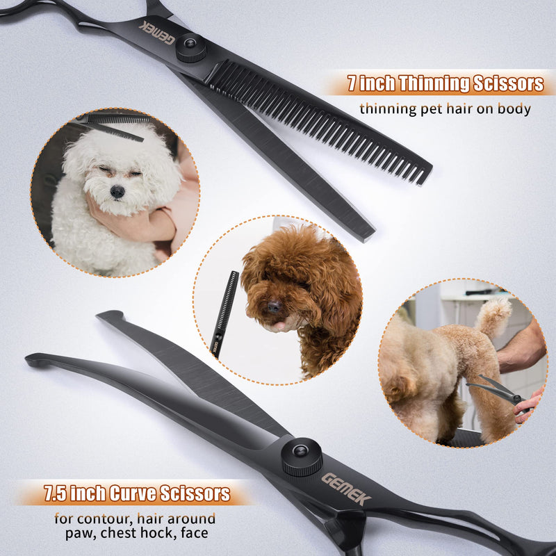 Dog Grooming Scissors Set with Round Safety Tips, GEMEK Professional 6 in 1 Dog Grooming Scissors, Titanium Coated Heavy Duty Scissors for Dogs, Cats and Other Animals (Black) Black - BeesActive Australia