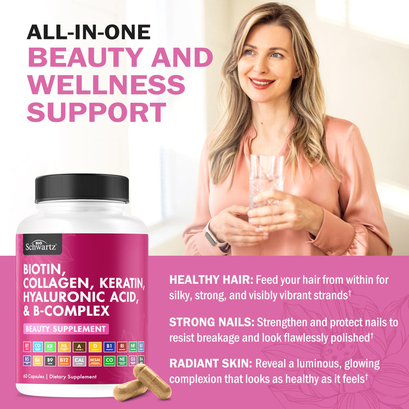 BioSchwartz Biotin Collagen Keratin Supplement - Hair Vitamins for Women | 10000mcg Biotin with Hyaluronic Acid & B Complex - Non-GMO Beauty Supplement - Hair and Nails Vitamins for Women - 60 Count