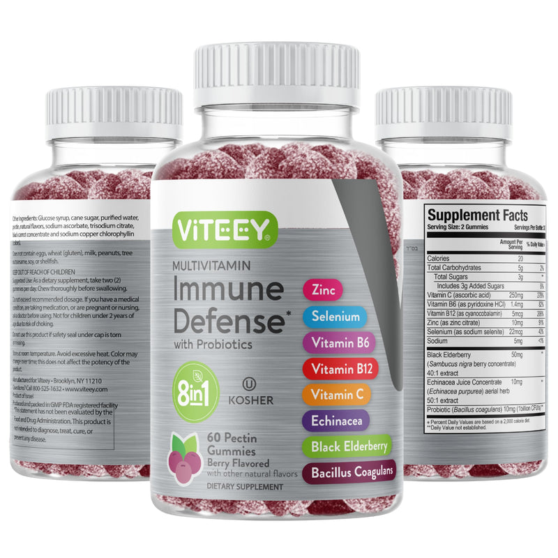 Viteey Multivitamin Gummies 8in1 Immune Support Supplement with Probiotics | Immune Boosters for Adults & Teens - Vegan, Gelatin Free, GMO Free - Chewable Berry Flavored Pectin Immune Defense 60 Count (Pack of 1)