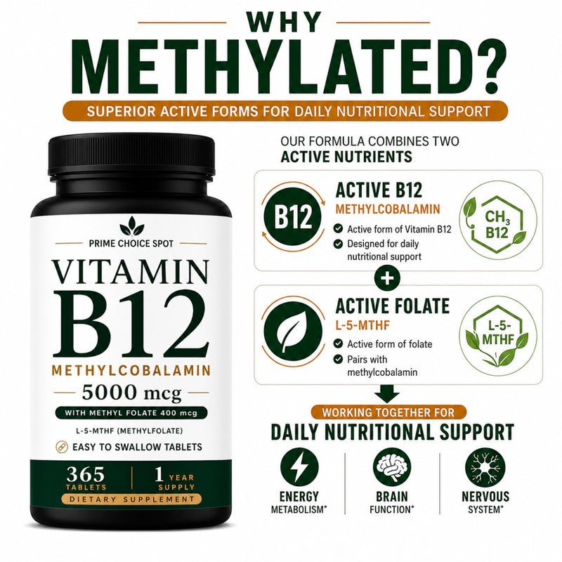 Vitamin B12 5000mcg with Methyl Folate, Methylcobalamin, 365 Tablets | 5000mcg Methylcobalamin + 400mcg L-5-MTHF • One Daily Tablet • Non-GMO • Vegetarian