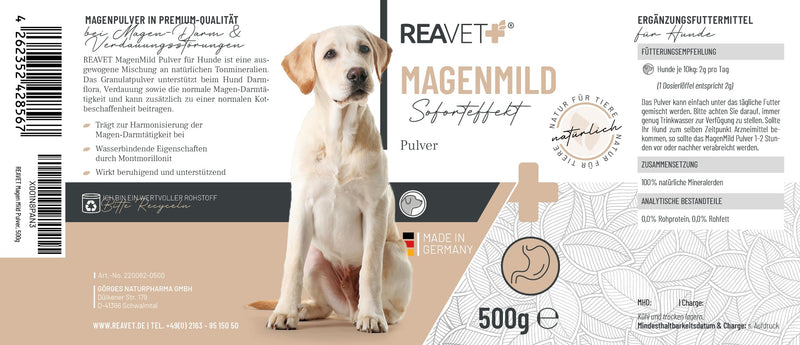 ReaVET stomach mild powder for dogs 500g - to support digestion & harmonize gastrointestinal activity, natural stomach protection for dogs with bentonite & probiotics