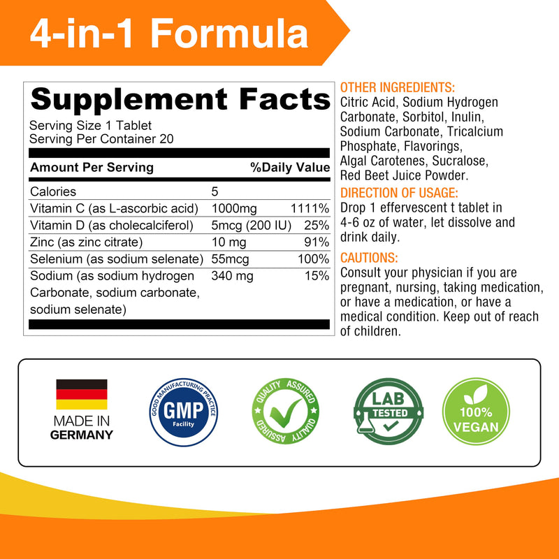 LOVITA 4-in-1 Vitamin C Effervescent Tablets, 20 Count, Pack of 3 | Three-Tube Value Pack, With D3, Zinc, Selenium, & Antioxidants; Orange Flavor, Vegan, Sugar-Free, Gluten-Free, & Lactose-Free 20 Count (Pack of 3)