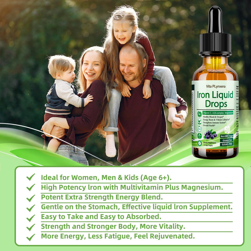 2 Pack Liquid Iron Supplement for Women Men & Kids, Vegan Iron Drops with Vitamin C D, B12, B-Complex, High Potency Liquid with Multivitamin for Anemia, Energy Support, Magnesium Iron Gentle Blueberry 2 Fl Oz (Pack of 2)