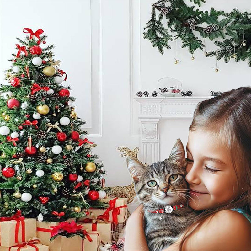 Christmas Cat Collar Breakaway with Bells, Xmas Patterns Kitten Collar with Qr Code Cat Tag Red Snowflake - BeesActive Australia
