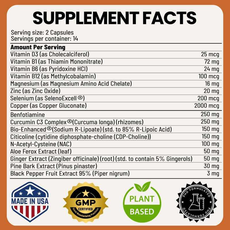 Lune Nerve Matrix™ Nerve Support Supplement with Alpha Lipoic Acid (R-ALA), Benfotiamine, Citicoline & B Vitamins | Daily Nerve Health Formula for Tingling, Burning & Numbness | 60 Capsules