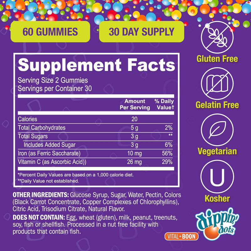 Dippin' Dots Iron Gummies for Women, with Vitamin C & B12 (60 Ct) | Gum Drop Grape iron supplement gummies with Vitamin C & B12, vital for red blood cells; vegan, gluten & gelatin free. 60 Count (Pack of 1)