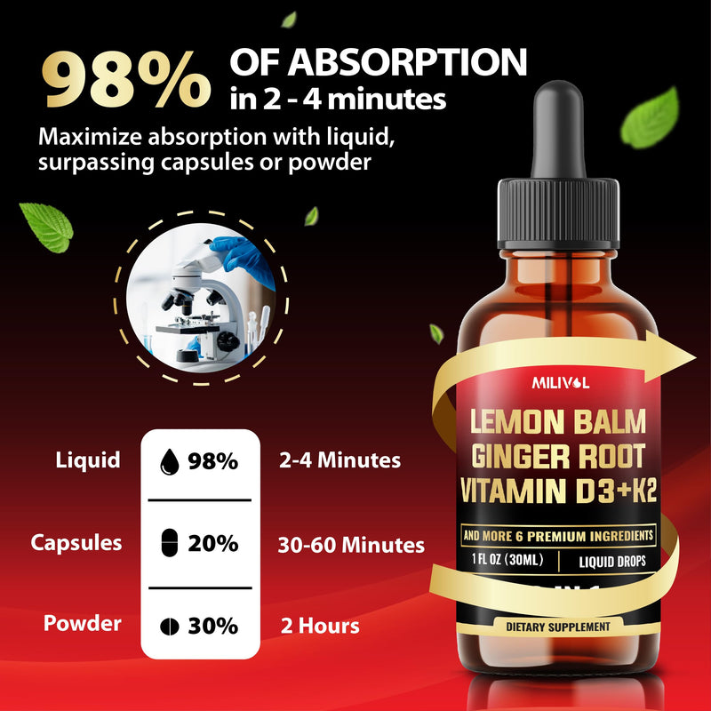 10in1 Lemon Balm Tincture - 3300mg Lemon Balm Leaf Extract Liquid Drops with Ginger Root, Turmeric Liquid, Ceylon Cinnamon, Vitamin D3, K2-1Fl Oz - 60 Servings