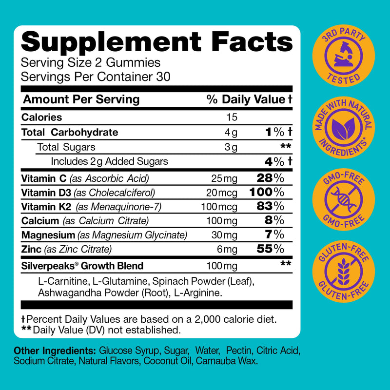 SILVERPEAKS Bone & Natural Growth Support Gummies for Kids & Teens - 60 pcs | Calcium, Zinc, Vitamins D3 & K2, C, Magnesium - Bone Strength & Joint Support for Boys & Girls - Fruit Flavor 60 Count (Pack of 1)