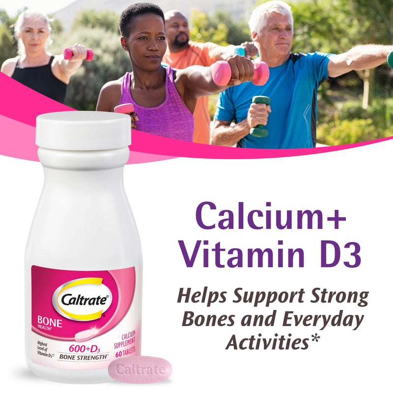 Caltrate 600 Plus D3 Vitamin D and Calcium Supplement Tablets, 60 Count | Highest Level of Vitamin D3, Maximizes Calcium Absorption to Support Strong Bones and Daily Function New 60 Count (Pack of 1)