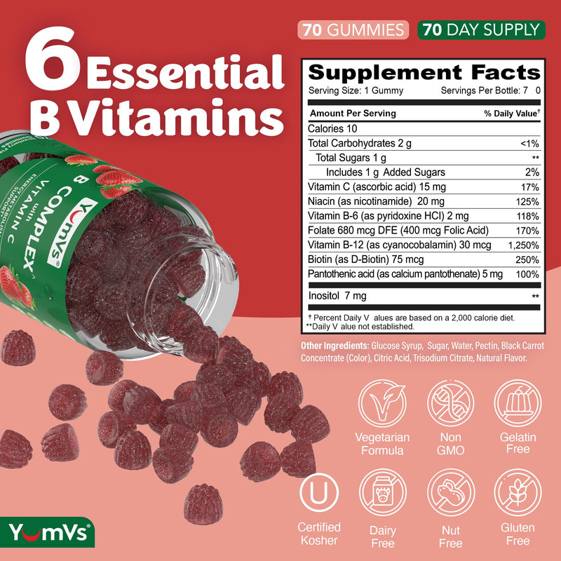 B Complex Gummies with Vitamin C – Great Tasting 1 a Day Energy & Nervous System Support for Adults – Vegan, Kosher, Non-GMO Vitamin B Complex Gummies with B12, B6, & Folic Acid – 70 Count (2 Pack) 70 Count (Pack of 2)