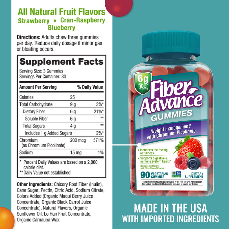Fiber Advance Weight Management Gummies | 100% Plant Based Fiber for Digestive Wellness and Gut Health | Chromium Picolinate for Weight Management Support, 90 Count 90 Count (Pack of 1)