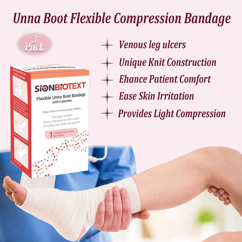 Unna Boot with Zinc and Calamine – 3” x 10 Yards Flexible Compression Bandage – Moist Healing Environment – Ideal for Venous Leg Ulcers, Lymphedema, Sprains, and Skin Grafts – Pack of 3 3" Zinc and Calamine