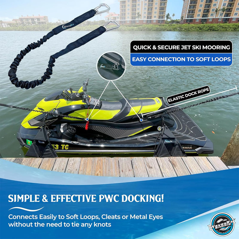 WAVESRX DockingPal - Premium Flat Bungee Dock Lines for Boats I Elastic Boat Dock Rope with Stainless Steel Carabiners | Stretches from 3' to 5' | Absorbs Shocks Prevent Damage to Jet Ski & PWC Black - 3ft - BeesActive Australia