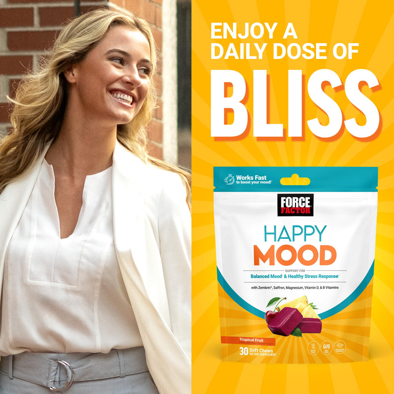 Force Factor Happy Mood, Mood Support & Balance Supplement | Support Happiness, Positivity & Stress Relief, Magnesium, Saffron, Zembrin, Non-GMO, Tropical Fruit Flavor, 30 Soft Chews 30 Count (Pack of 1)