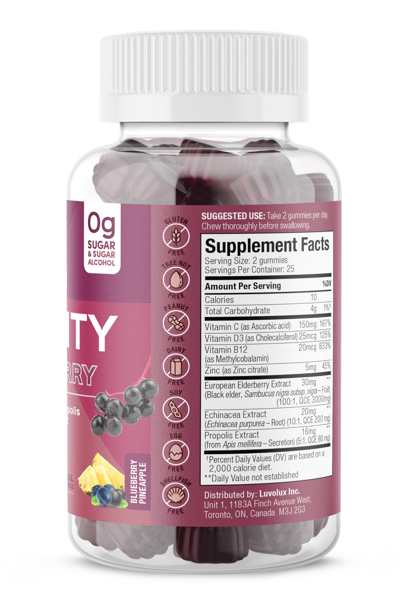 SUKU Vitamins - Ultimate Immunity - Elderberry Echinacea and Propolis Gummies for Immune Support, Easy to Chew - Non GMO, Gluten Sugar Free - Pomegranate Lime Flavored Gummy Vitamins, 50 Count
