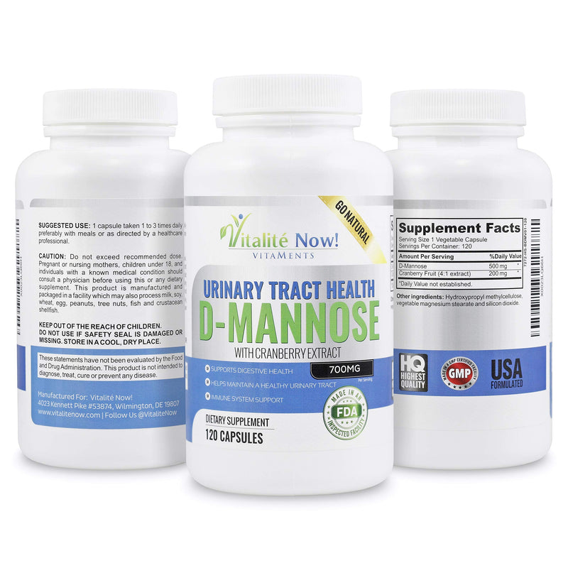 High Strength Pure D-Mannose with Cranberry Extract for Natural Urinary Tract Infections and UTI Support - Digestive Health - Immune System Support - 700mg - Non-GMO - 120 Pills - BeesActive Australia