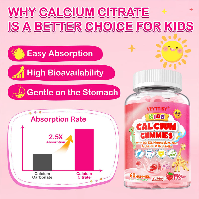 Kids Calcium Gummies with D3 & Magnesium for 4+: Sugar Free Calcium Citrate with Vitamin D3, K2, Zinc, Probiotics & Prebiotics for Kids - Gluten Free, Non-GMO,Vegan, Natural Strawberry Flavor 60 Count (Pack of 2)