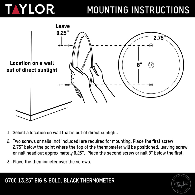 Taylor Big and Bold Wall Thermometer, Indoor Outdoor Thermometer, Wireless Thermometer with Easy to Read Numbers for Patio, Pool, and Indoor Areas, 13.25-inch, Black