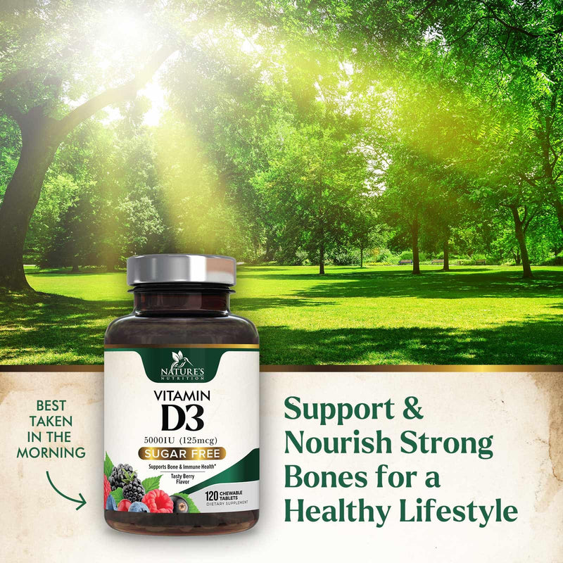 Vitamin D3 5000 IU (125 mcg) Per Serving - Extra Strength Vitamin D Chewable for Immune Support Health - Bone, Teeth and Muscle Supplements - Sugar Free, Gluten Free, USA Bottled - 120 Count Tablets 120 Count (Pack of 1)