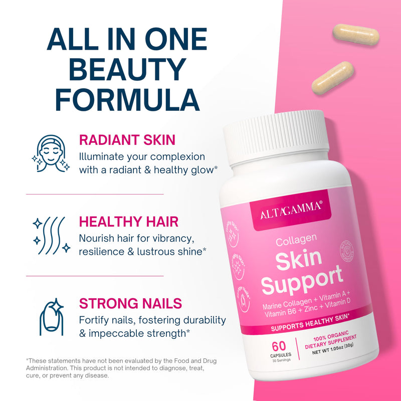 Skin Support Supplement - Hair Growth Vitamins for Women & Men - Nail Strengthener and Growth - Healthy Hair Skin and Nails Vitamins with Collagen - Non-GMO, 60 Capsules | 30 Day Supply