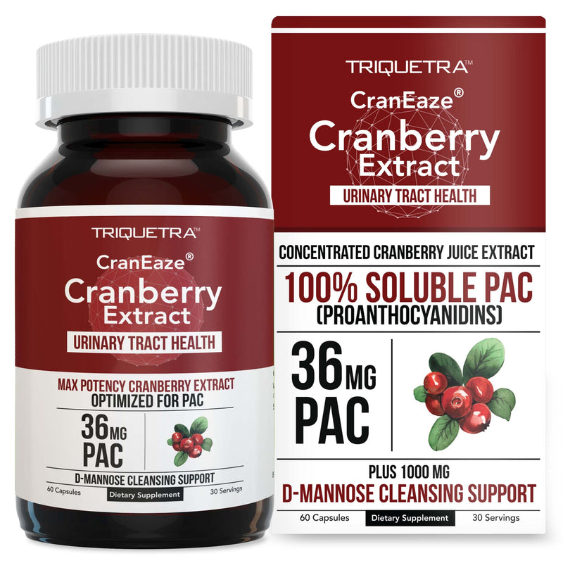 CranEaze®: Cranberry Juice Extract Plus D-Mannose – 36 mg PAC, 100% Soluble PAC - Supports Urinary Tract Health – Most Effective Cranberry Pills for Women, UTI Cranberry Supplement - 60 Capsules 60 Count (Pack of 1) - BeesActive Australia