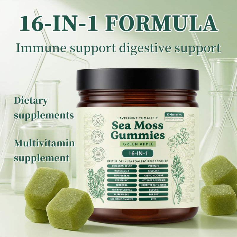 Sea Moss Gummies 16-in-1, Ashwagandha Black Seed Oil Bladder Wrack Turmeric Vitamin C, Apple Cider Vinegar, Non-GMO (Green Apple)