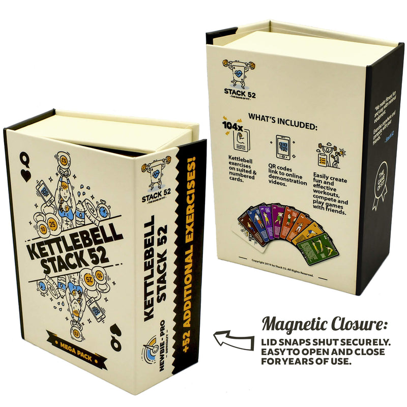 Stack 52 Kettlebell Exercise Cards. Workout Playing Card Game. Video Instructions Included. Learn Kettle Bell Moves and Conditioning Drills. Home Fitness Training Program. (2019 Mega Pack) 2019 Mega Pack