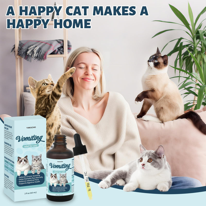 Vomiting Relief for Cats, Cat Vomit Remedy, Probiotic Digestive Support Liquid, Helps Reduce Hairballs, Relieve Sensitive Stomach & Support Gut Health, Gentle Daily Formula - 60mL
