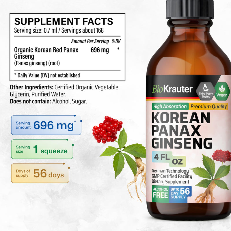 BIO KRAUTER Korean Red Ginseng Extract Liquid - Alcohol & Sugar Free Panax Ginseng Supplement - Vegan Immune Support Supplement - 4 Fl. Oz. 4 Fl Oz (Pack of 1)