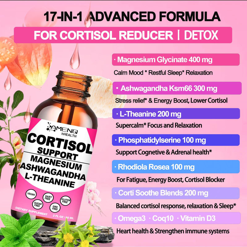Cortisol Supplements for Women & Men, Reducer Manager Support Liquid Drops | 17-in-1 Cortisol Detox Support w. Ashwagandha, Magnesium & L-Theanine for Calm, Stress, Mood, Sleep & Focus, Vegan Non-GMO Raspberry 4 Fl/Oz (Pack of 2)