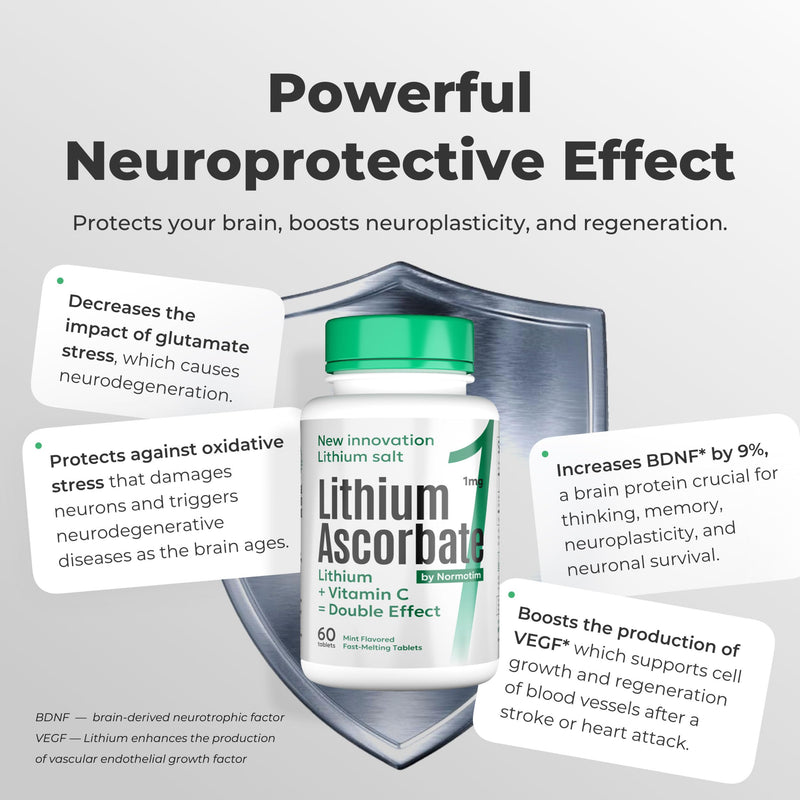 Lithium Ascorbate 1mg with Vitamin C – Brain Supplement for Focus, Memory, Mood & Stress Support – Cognitive Enhancer – 120 Tablets