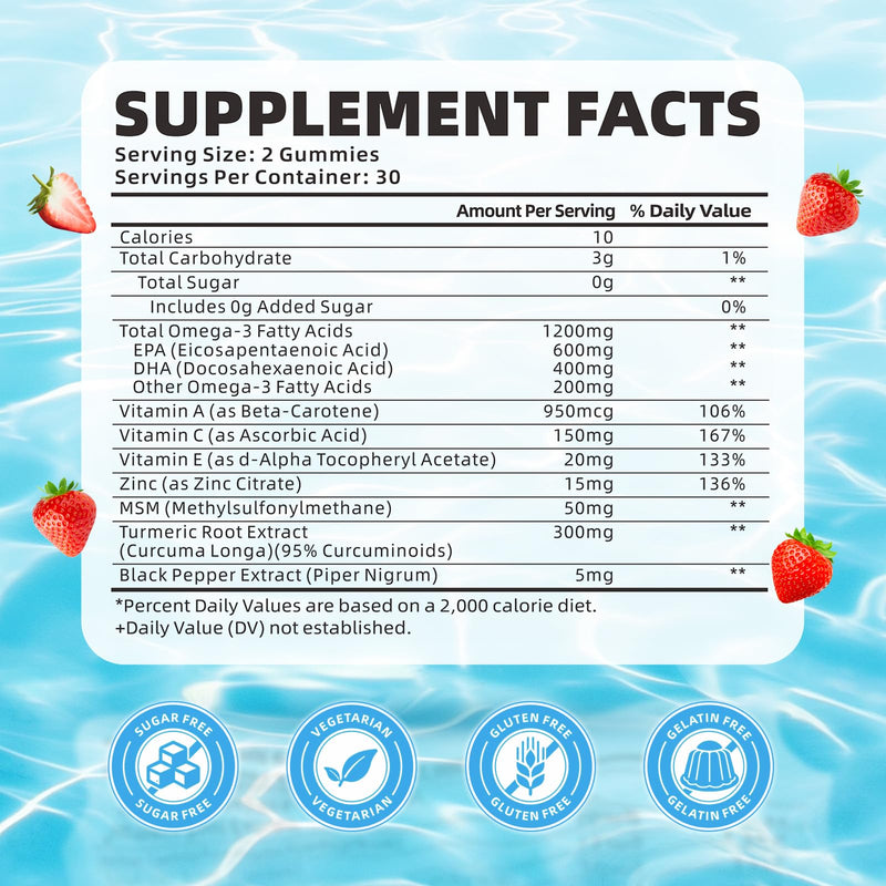 softbear Omega 3 Gummies for Women & Men & Kids Omega 3 Supplements 1200mg Vegan Omega 3 Fatty Acids DHA EPA with Vitamins Support Eye & Brain Health, Sugar Free, Strawberry Flavor 120 Count 60 Count (Pack of 2)