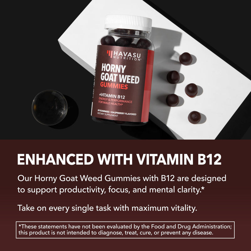 Horny Goat Weed Gummies with Vitamin B12, Raspberry Flavor, 30 Count | 30 Count, Vegetarian-Friendly, Non-GMO, Pectin-Based Gummies for Energy and Endurance Support, Raspberry Flavor, 15 Servings 30 Count (Pack of 1)
