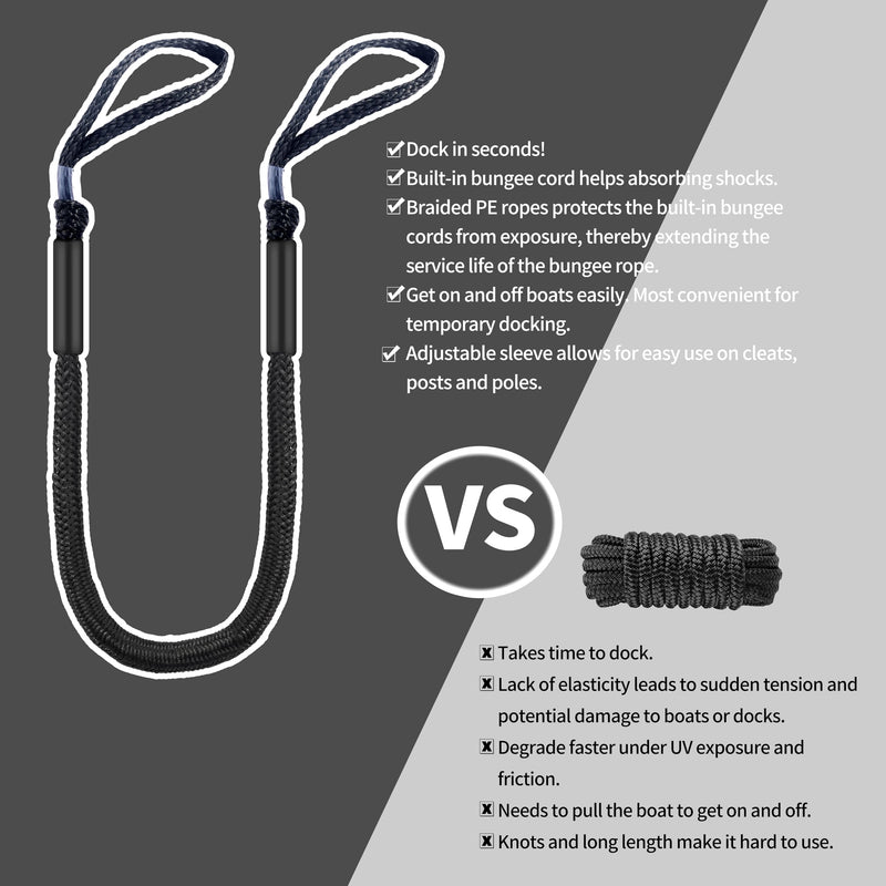 Marine Bungee Dock Lines for Boat 4-Pack, Braided Rope with Loops, Boat Tie Down for Dock, (4ft Black)