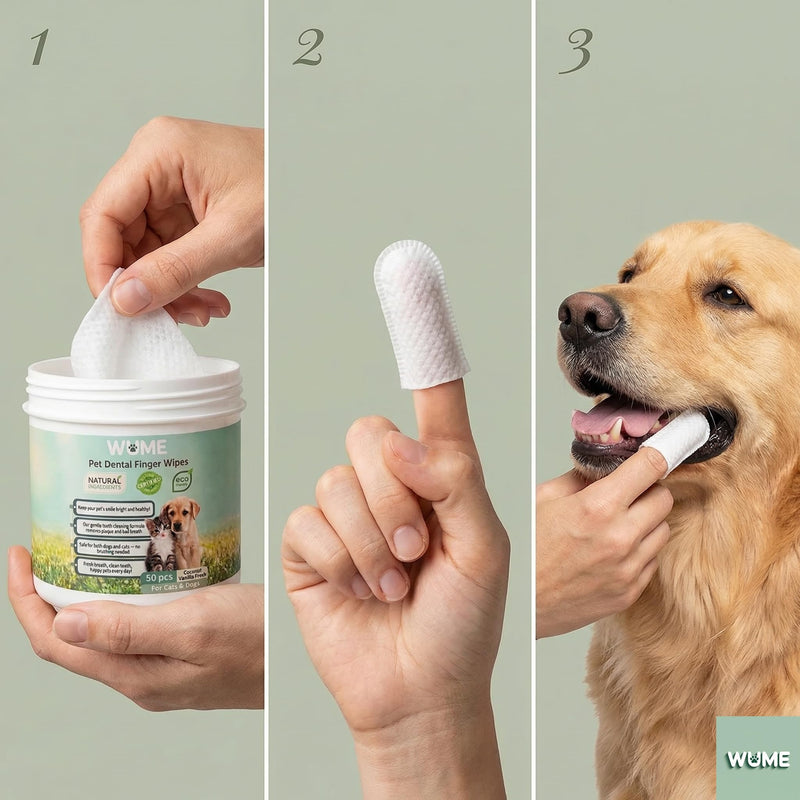 WUME Pet Dental Finger Wipes for Dogs & Cats Vet-Inspired Teeth Cleaning Wipes, Toothbrush Alternative, Gentle, Alcohol-Free, Disposable, 50 Counts Unscented