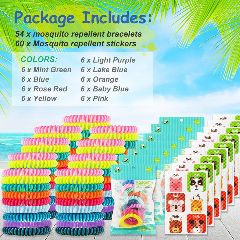 54 Pack Mosquito Repellent Bracelets, DEET-Free Insect & Bug Repellent Wrist Bands with 60 Pack Smile Mosquito Patches for Kids & Adults Outdoor Camping Fishing Traveling - BeesActive Australia