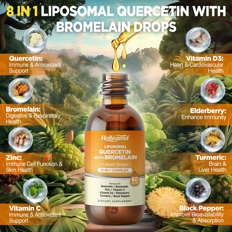 Liposomal Quercetin with Bromelain Liquid Drops, 8 in 1 Organic Quercetin 1000mg Supplements with Bromelain 500mg, Vitamin C, D3, Zinc, Elderberry, Turmeric for Immunity & Respiratory Health, 2 Fl Oz