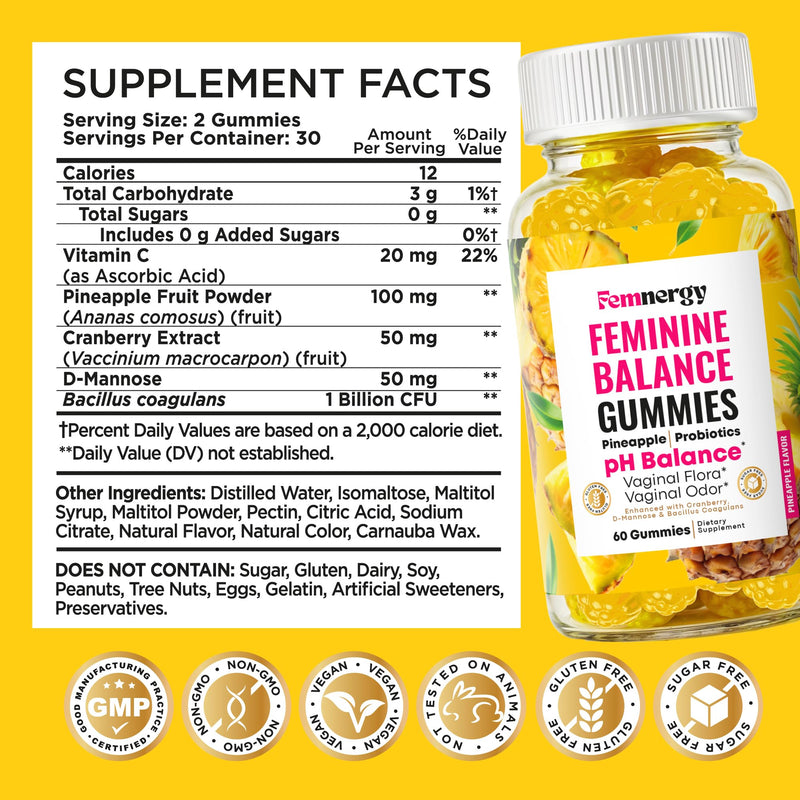 Feminine Balance Probiotic Gummies for Women - Vaginal Health & pH Balance Natural Gummy Supplement with Probiotics Pineapple Cranberry Vitamin C - Women's Healthy Odor & Flora Support - Gluten-Free