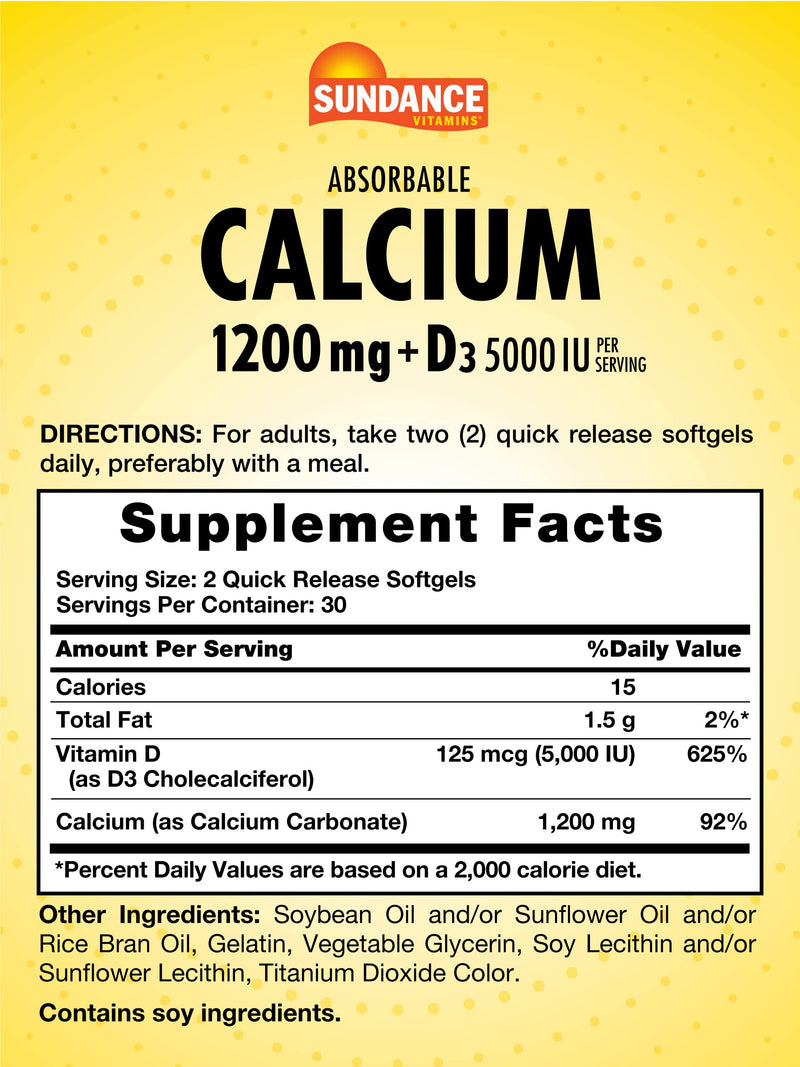 Sundance Calcium 1200 mg with Vitamin D3 5000 IU | 60 Absorbable Softgels | Non-GMO & Gluten Free Supplement Unflavored 60 Count (Pack of 1)