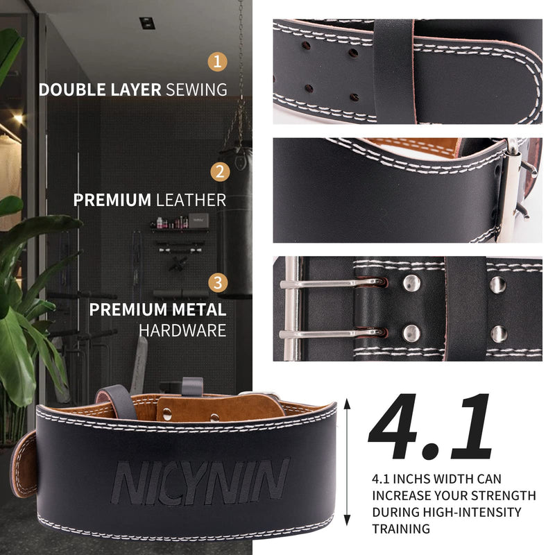 Leather Weightlifting Belt, Weight Lifting Belt 4 Inch Wide for Men Women, Gym Lever Belts -Lower Back Support- for Workout, Powerlifting, Squats, Deadlifts, Cross Training Black Large 29.9"-39.6" (Waist size not pant size)