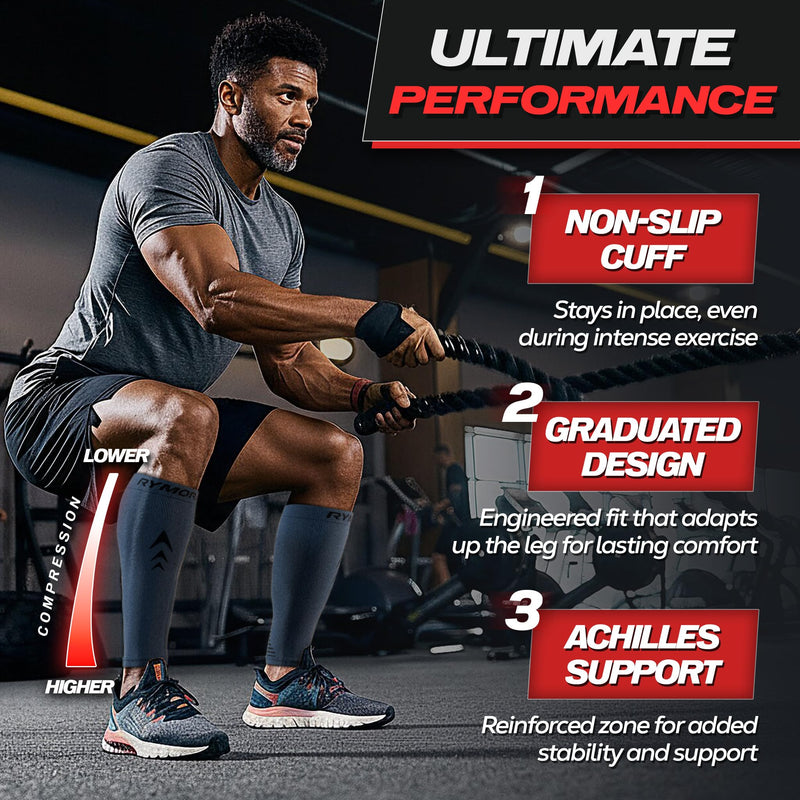 Rymora Calf Compression Sleeves Men Women - Leg Compression Sleeve Footless Socks - Shin Splint Relief Fitness Running Medium Charcoal - BeesActive Australia