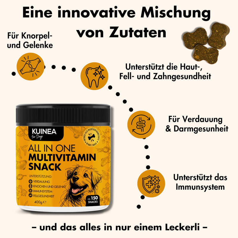 KUINEA® All-in-One vitamins for dogs as a treat I approx. 5-MONTH SUPPLY I Supports: digestion, bones & joints, immune system, coat health, dietary supplement dog 150 snacks (400g) - BeesActive Australia