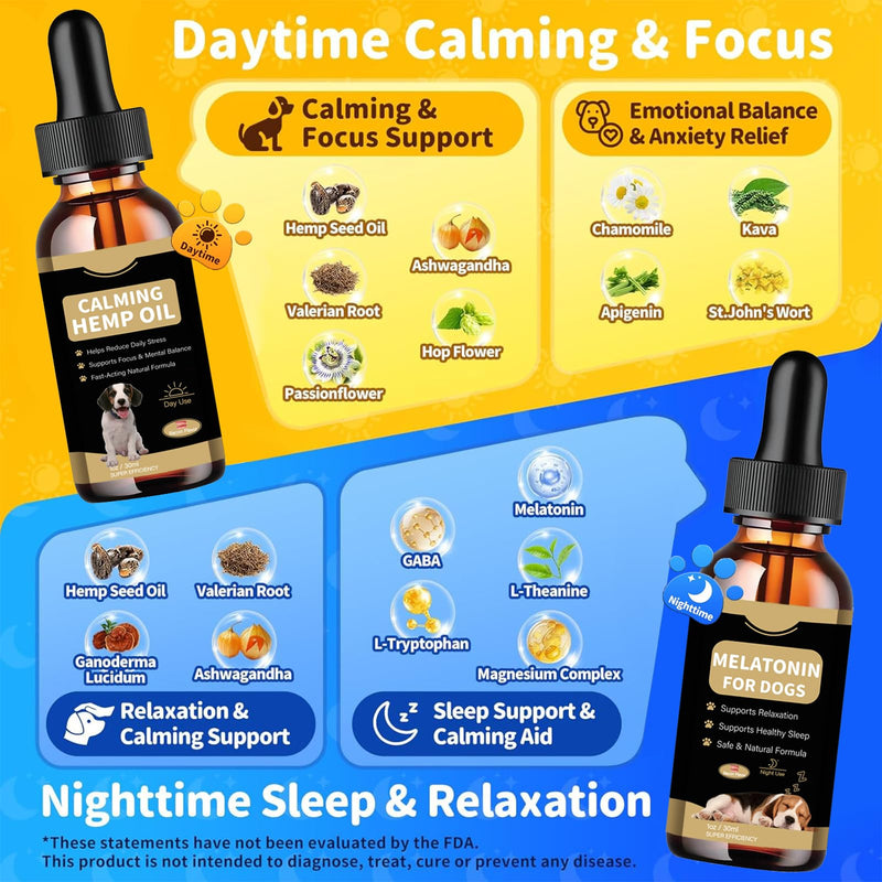 Hemp Oil & Melatonin for Dogs, Day & Night Calming Drops Support Set, Helps with Anxiety, Stress, Aggression, Separation, Sleep, Sеizures Rеlief - Organic Pet Calming Drops(Bacon Flavor)