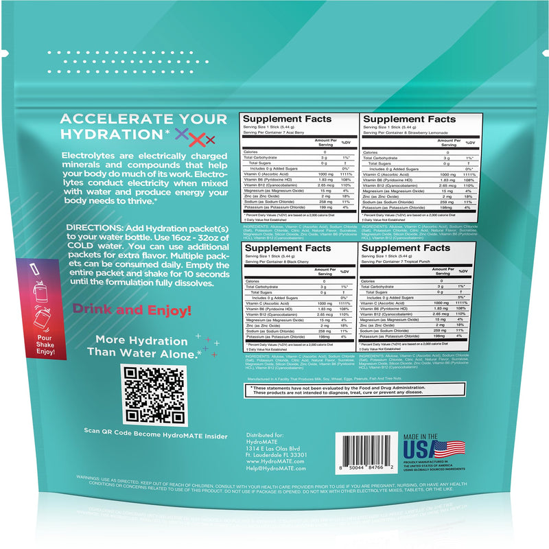 Electrolyte Powder Sugar-Free Hydration Packets Variety Pack HydroMATE 30 Sticks 30 Count (Pack of 1)