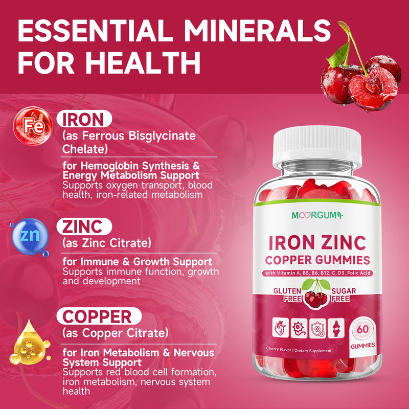 Iron, Zinc, Copper Supplements for Women & Men, Mineral Gummies with Vitamin A, B5, B6, C, D3, B12 for Adults, Kids, Promote Energy, Support Immunity, Bone Health, Sugar Free, Cherry Flavor, 120 Count 60 Count (Pack of 2)