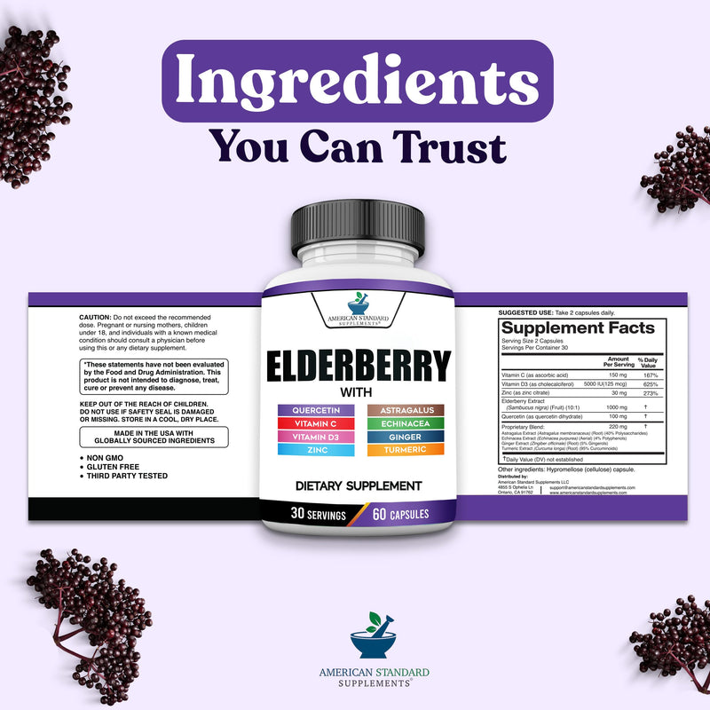 American Standard Supplements Elderberry Extract with Quercetin, Vitamin C, D3, Ginger, Zinc, Turmeric, Astragalus and Echinacea – 60 Capsules, 30 Servings 60 Count (Pack of 1)